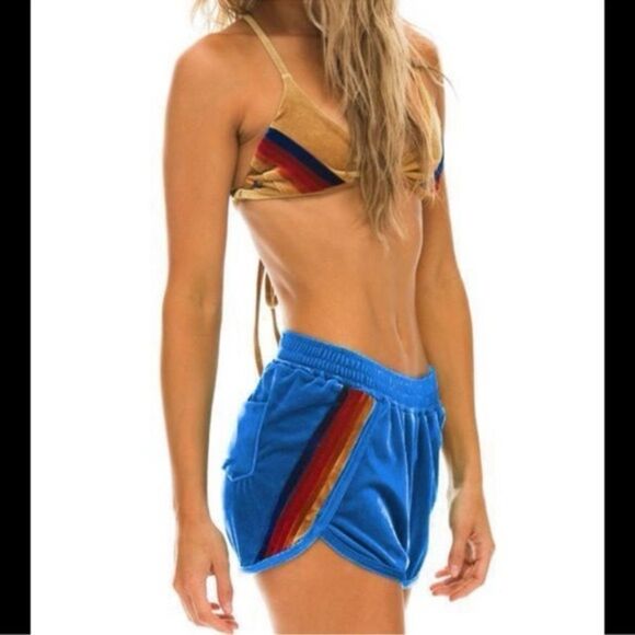 Aviator Nation Blue Five Stripe Velvet velour Dolphin Shorts Large - Picture 2 of 10